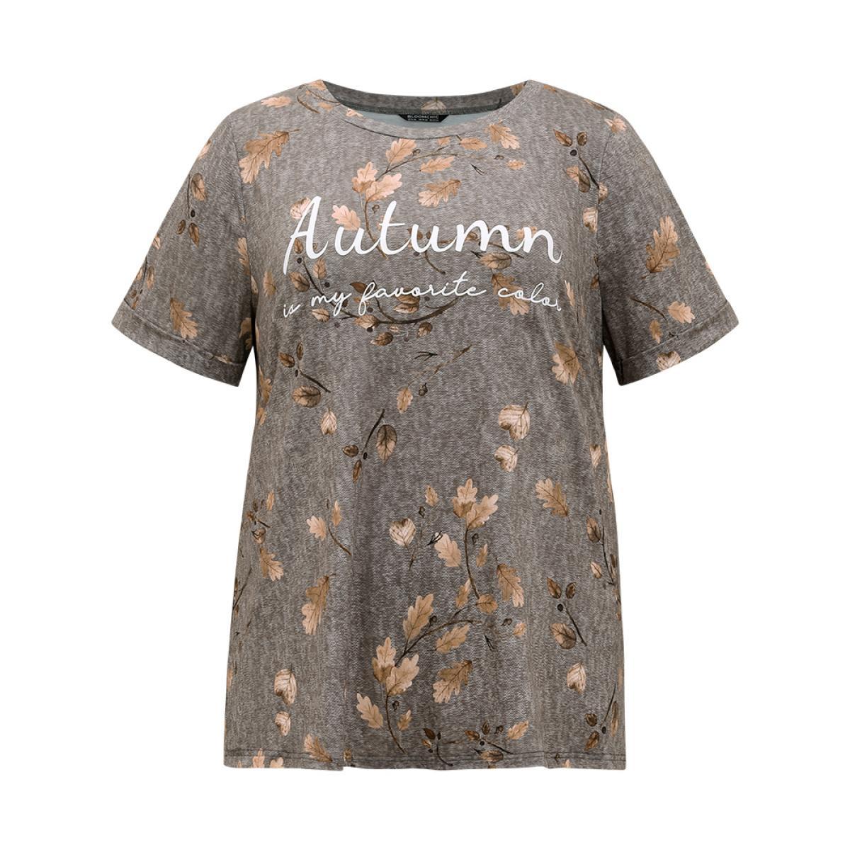 Plus Size Halloween Letter & Plant Print Cuffed Sleeve T-shirt Gray Women Casual Printed Positive slogan Round Neck Festival-Halloween T-shirts BloomChic 18-20/2X Product Image