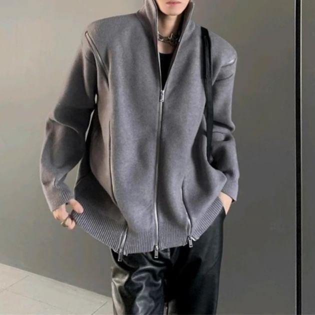 Stand Collar Plain Zip-Up Cardigan Product Image