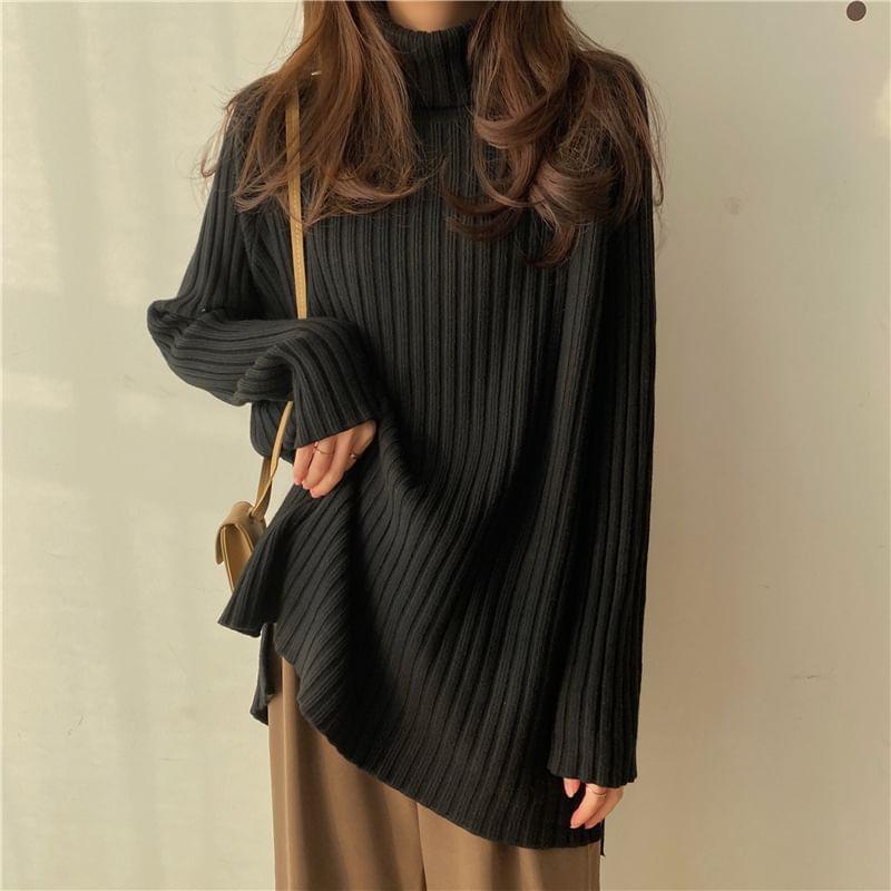 Long-Sleeve Turtleneck Plain Ribbed Knit Top Product Image