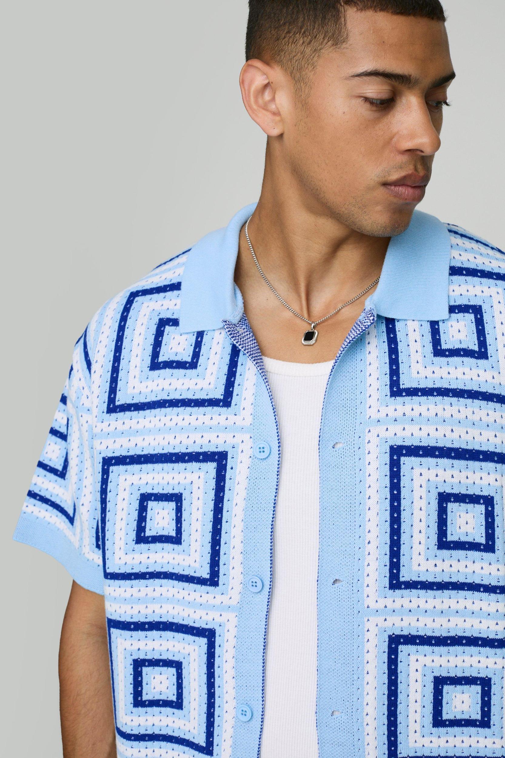 Oversized Boxy Crochet Knitted Shirt | boohooMAN USA Product Image