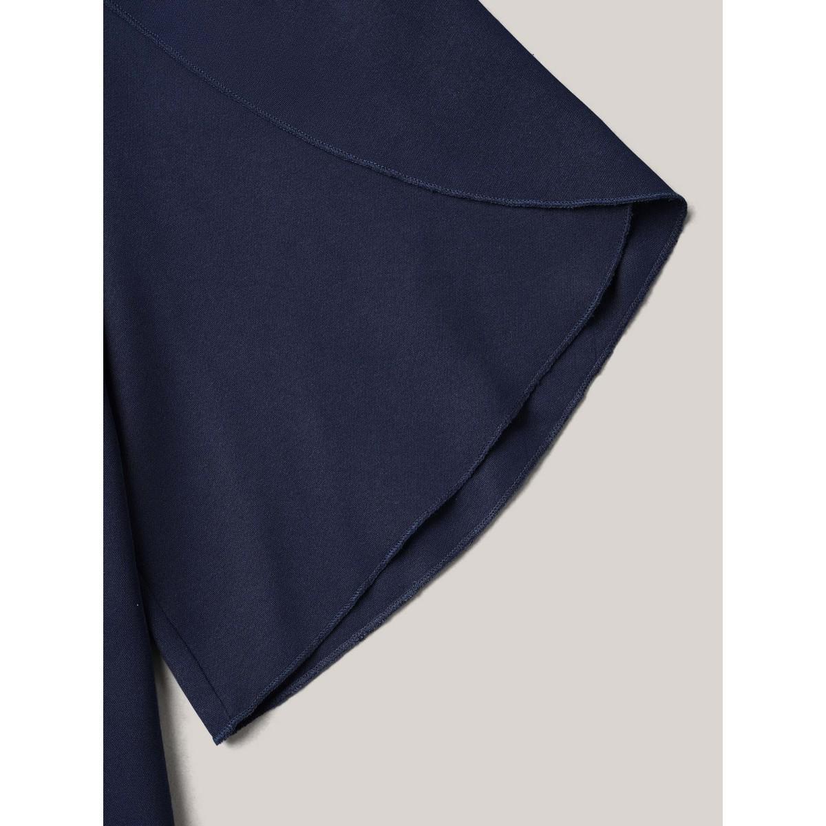 Plus Size Indigo Petal Sleeve Toothpick Pleats Shirt Women At the Office Elbow-length sleeve Notched collar Work Blouses BloomChic 12/L Product Image