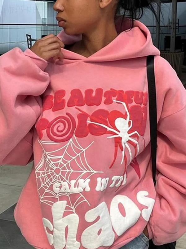 Hip Pop Letter Spider Web Print Oversized Hoodie Product Image