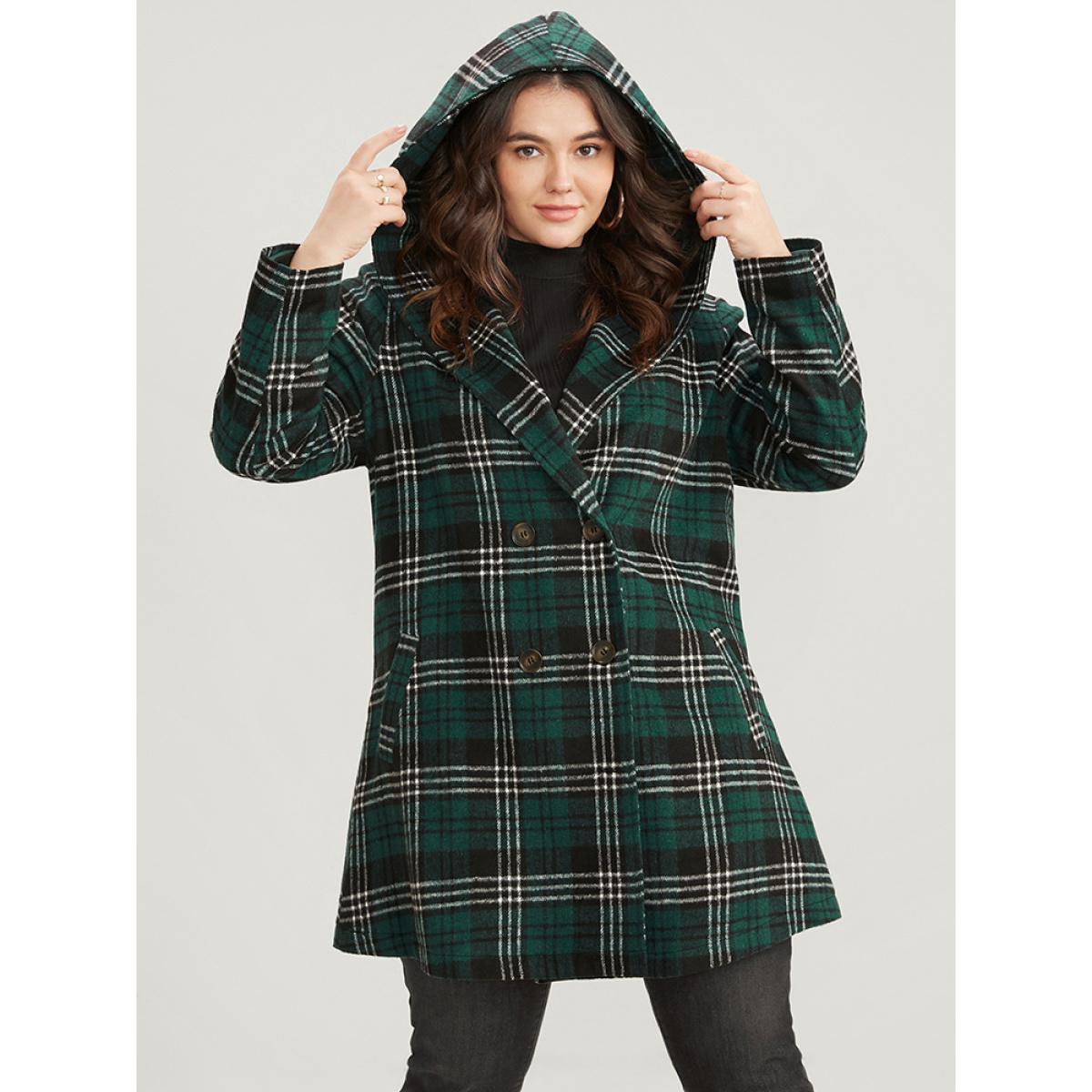 Plus Size Plaid Double Breasted Pocket Hooded Coat Women DarkGreen Casual Pocket Ladies Dailywear Winter Coats BloomChic 14-16/1X Product Image