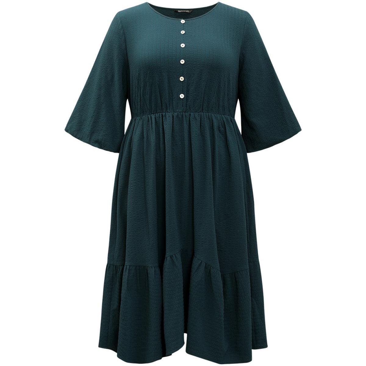 Plus Size Plain Textured Button Detail Pocket Dress DarkGreen Women Vacation Elastic cuffs Round Neck Elbow-length sleeve Curvy Midi Dress BloomChic 12/L Product Image
