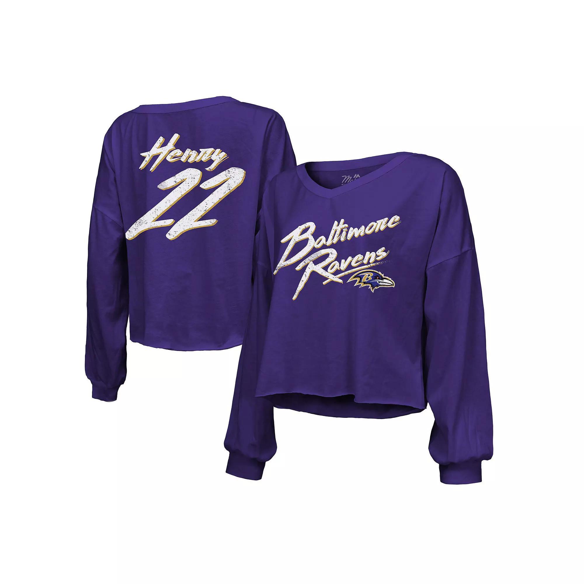 Women's Majestic Threads Derrick Henry Purple Baltimore Ravens Name & Number Off-Shoulder Script Cropped Long Sleeve V-Neck T-Shirt, Size: Large Product Image