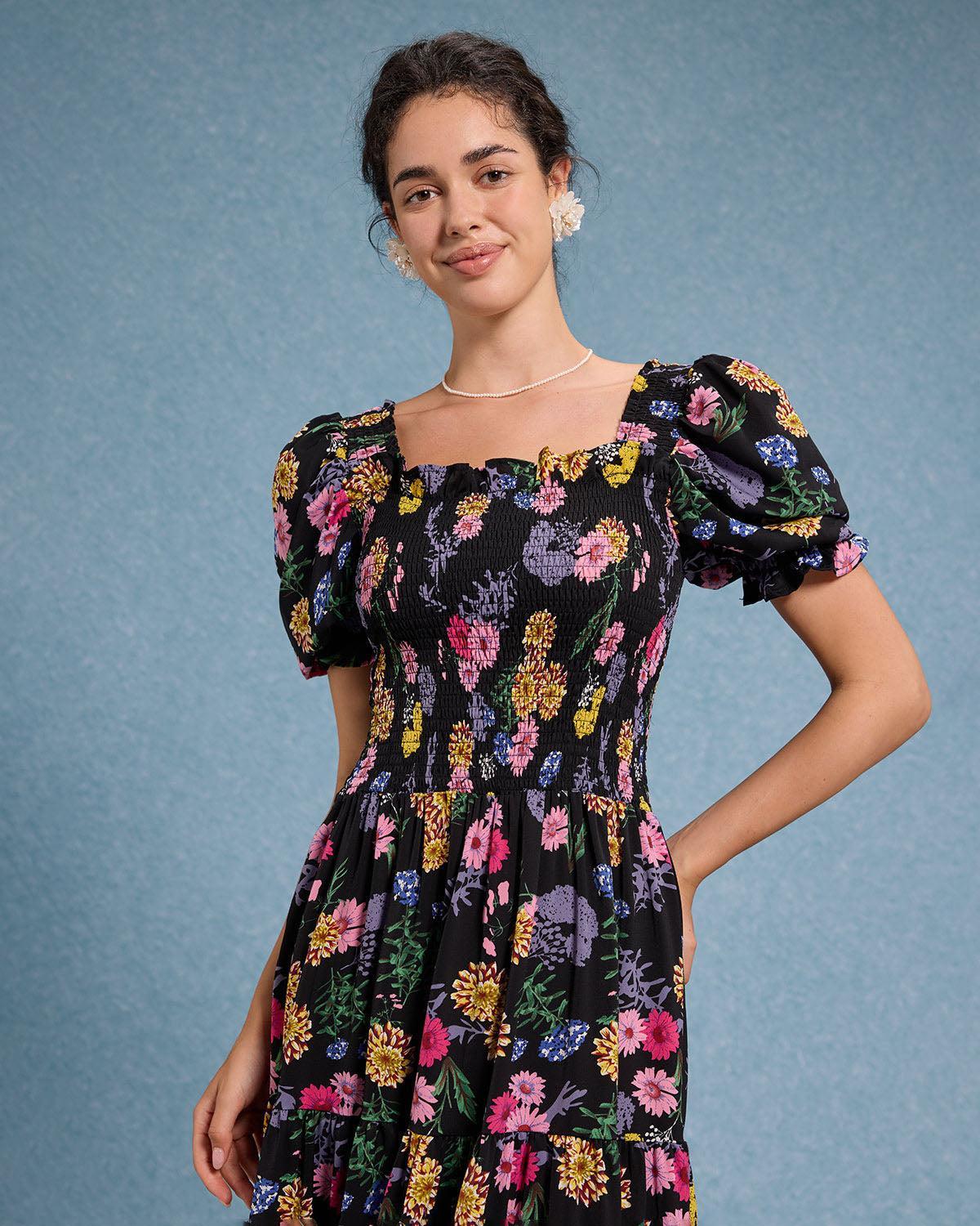 Black Floral Square Neck Shirred Maxi Dress Product Image