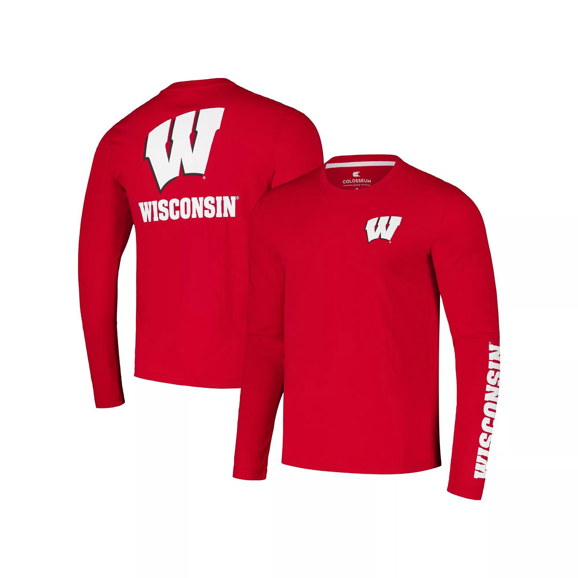 Men's Colosseum Red Wisconsin Badgers Logo Lockup 3-Hit Active Blend Long Sleeve T-Shirt, Size: 3XL Product Image