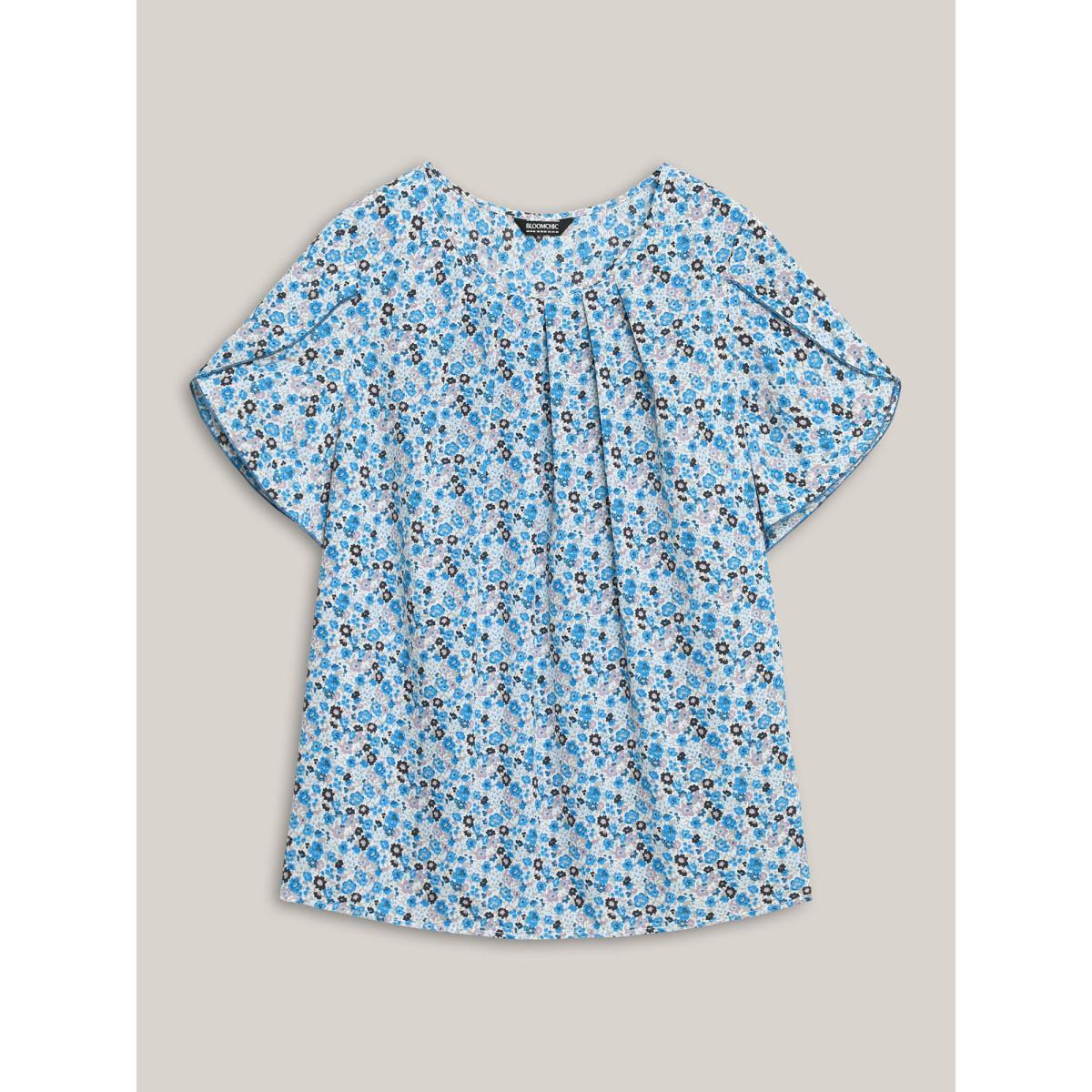 Plus Size Skyblue Floral Print Petal Sleeve Pleated Neck Blouse Women Short sleeve Round Neck Everyday-Elegant Blouses BloomChic 22-24/3X Product Image