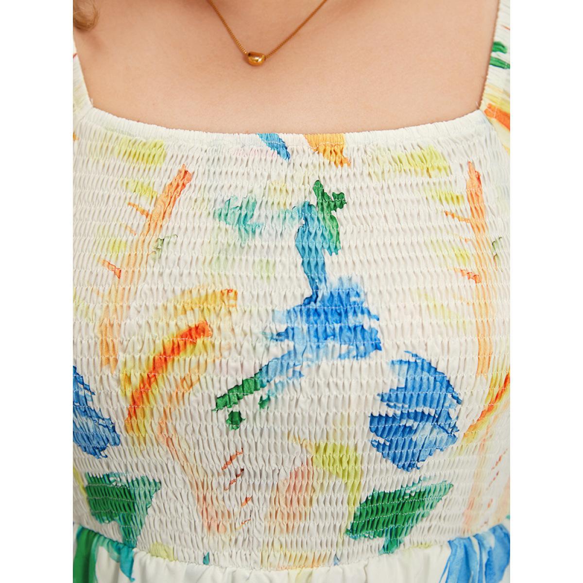 Plus Size Colour Geometric Print Square Neck Shirred Puff Sleeve Dress Multicolor Women Vacation Elastic cuffs Square Neck Short sleeve Curvy Midi Dress BloomChic 10/M Product Image