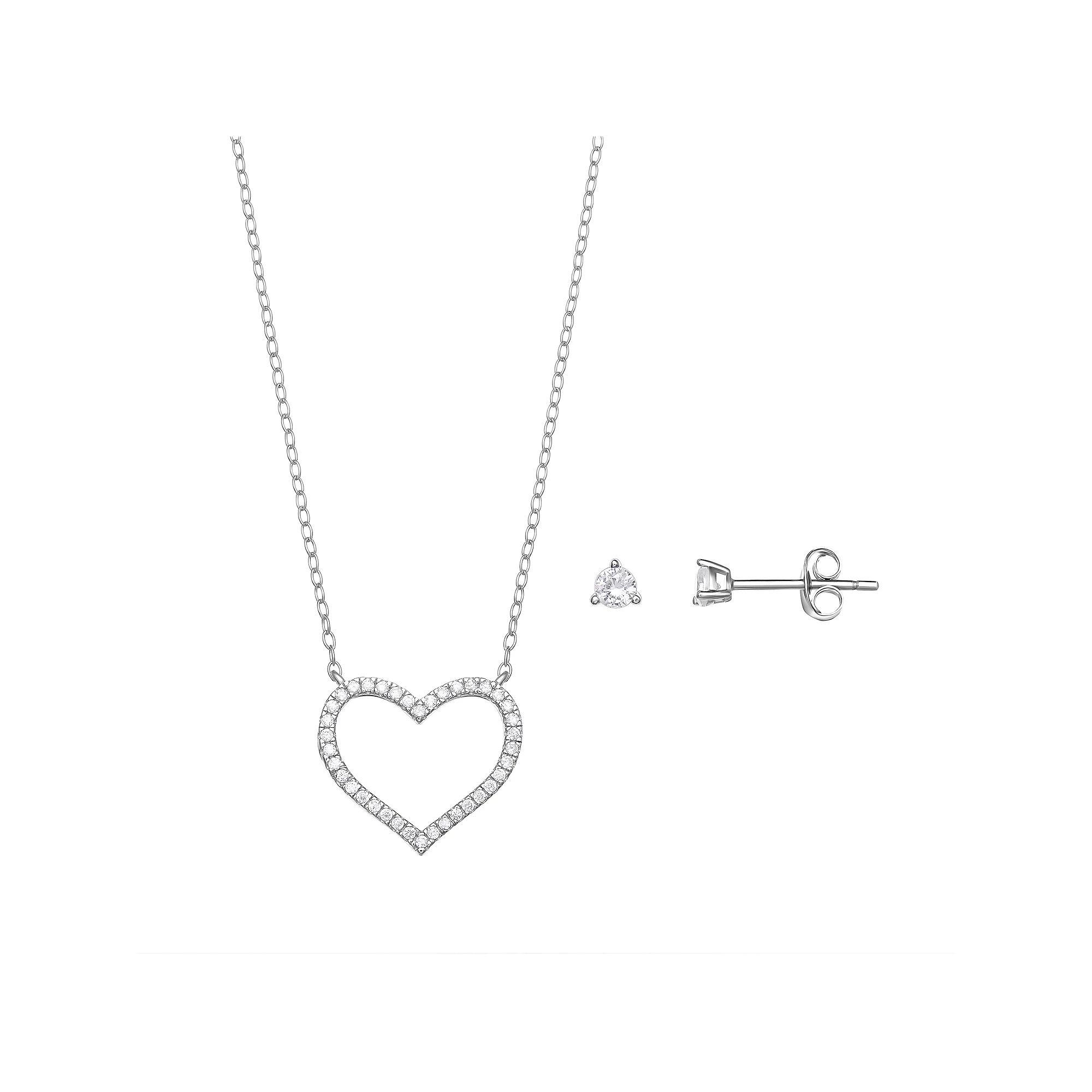 PRIMROSE Sterling Silver Cubic Zirconia Earring & Open Heart Necklace Set, Women's Product Image