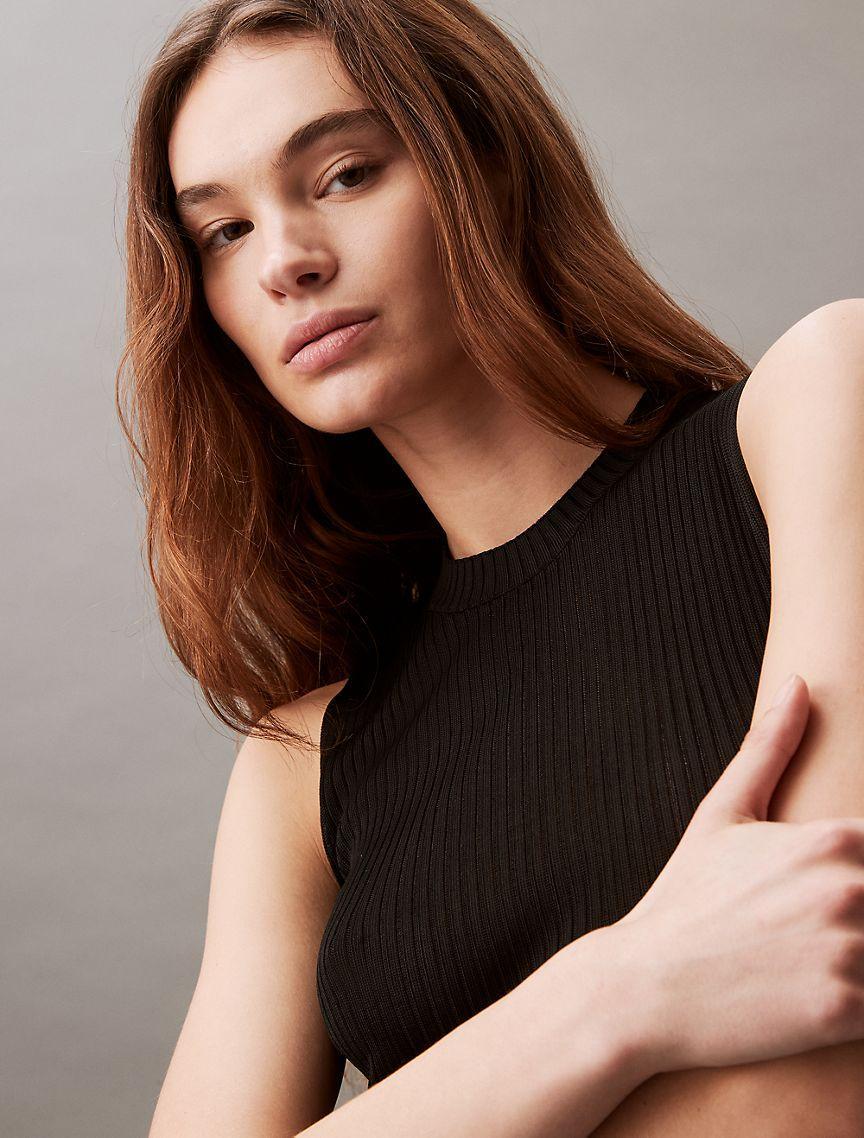 Calvin Klein Womens Stripe Viscose Shine Sweater Tank - Black Product Image