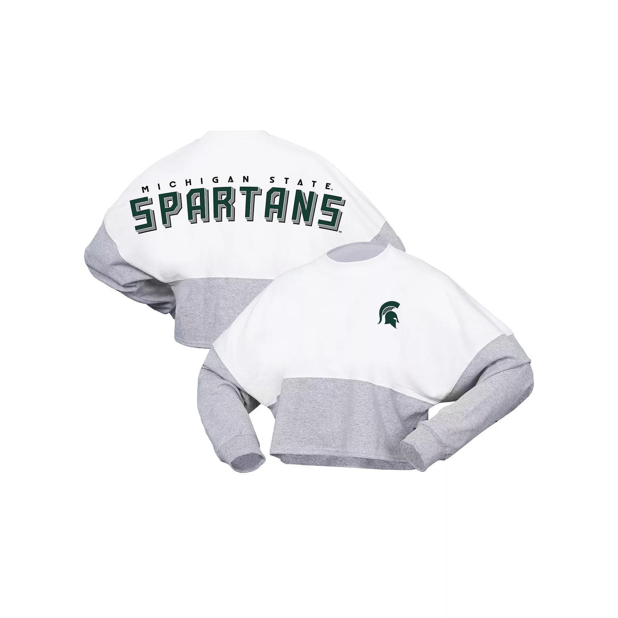 Women's Spirit Jersey  White Michigan State Spartans Heather Block Cropped Long Sleeve Jersey T-Shirt, Size: Small Product Image