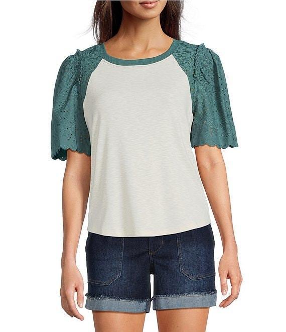 Democracy Petite Size Mix-Media Scoop Neck Embroidered Elbow Puff Sleeve Top Product Image