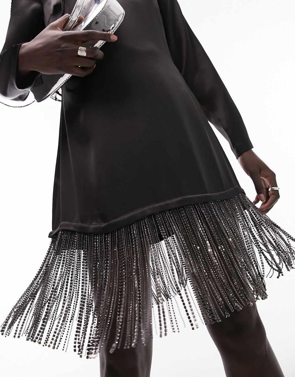 Topshop long sleeve midi dress with diamante tassel Product Image