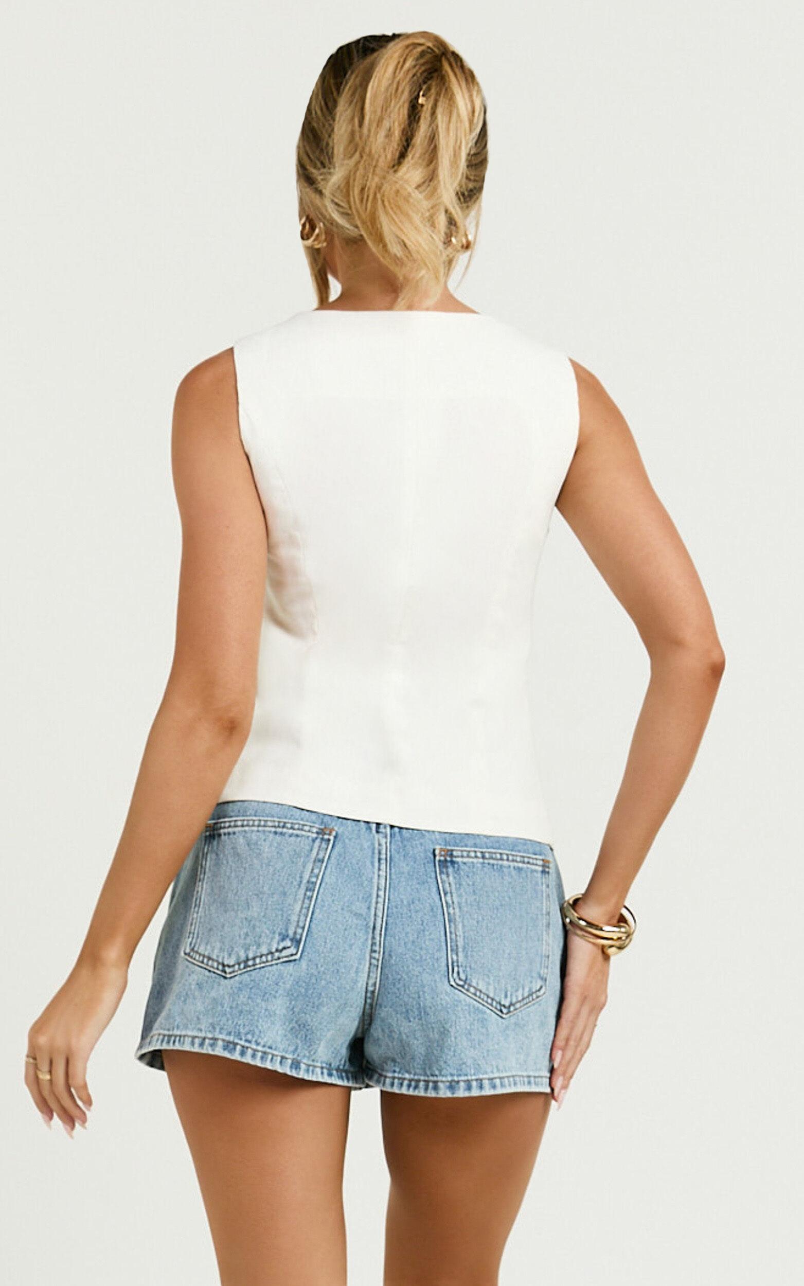Nalfie Top -  Linen Wide Scoop Neck Fitted Vest Top in White Product Image