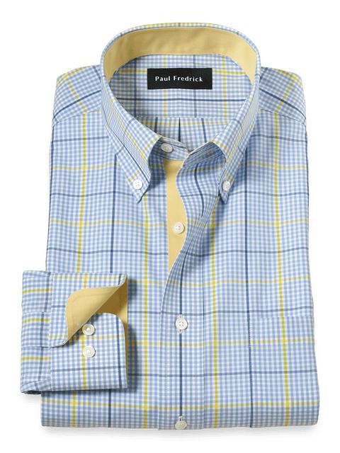 Comfort Stretch Non-Iron Plaid Dress Shirt With Contrast Trim - Blue/yellow Product Image