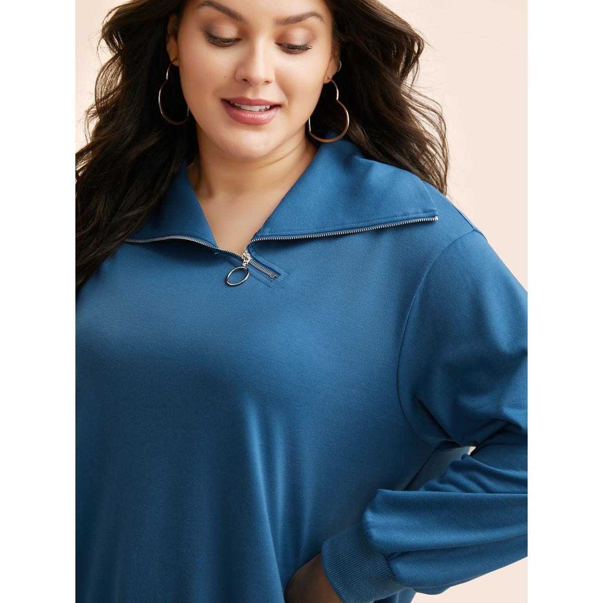 Plus Size Lapel Collar O Ring Zipper Sweatshirt Women Mediumblue Casual Patchwork Loose Lapel Collar Everyday Sweatshirts BloomChic 26/4X Product Image