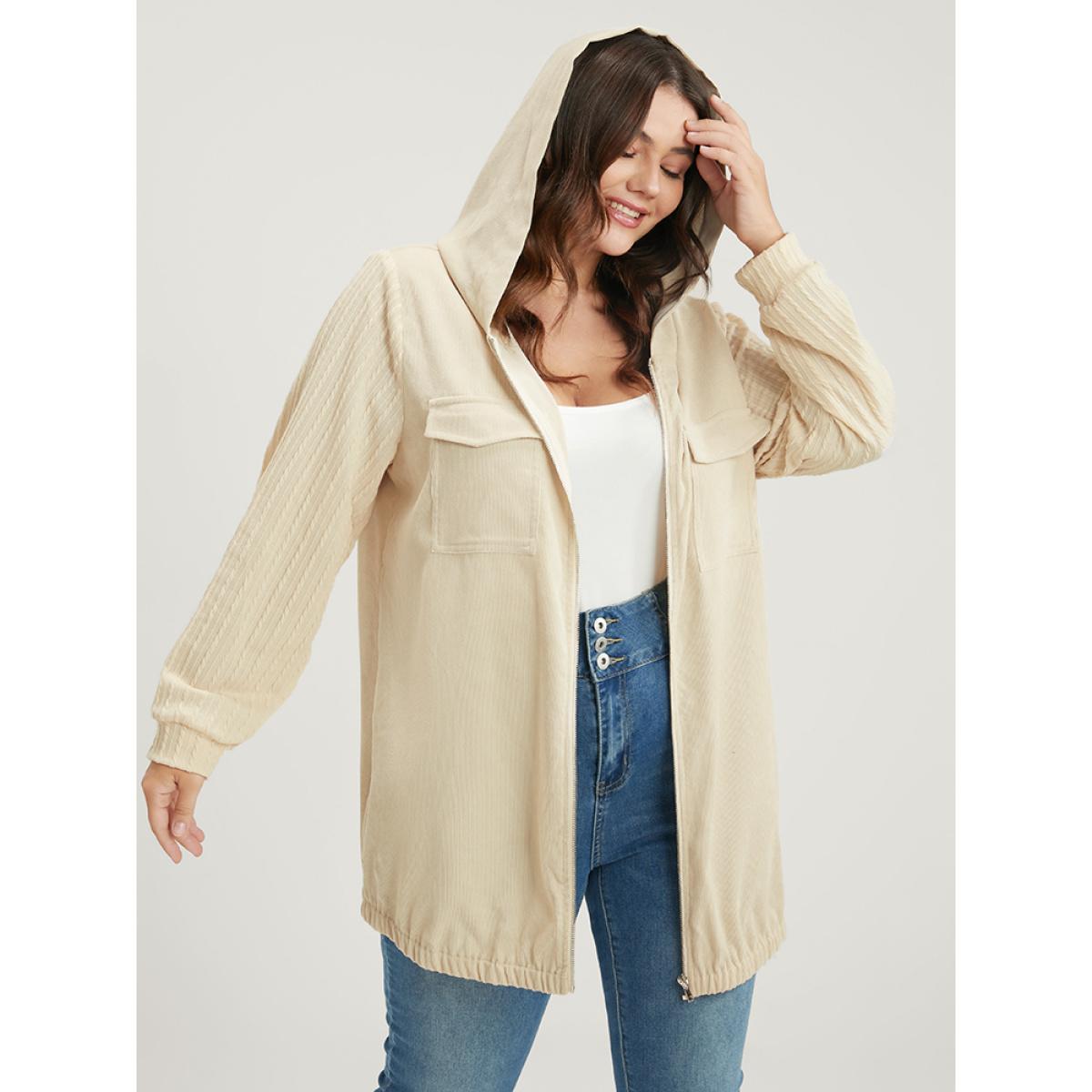 Plus Size Solid Flap Pocket Zip Up Hooded Coat Women Beige Casual Patchwork Ladies Dailywear Winter Coats BloomChic 14-16/1X Product Image