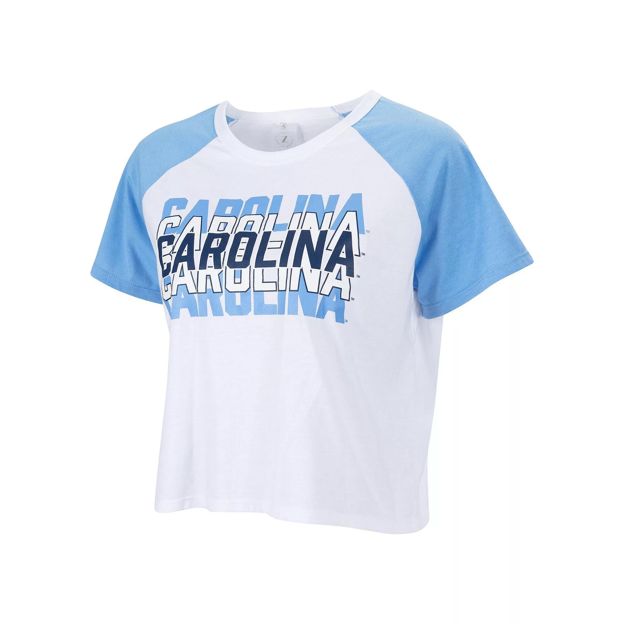 Women's ZooZatz White North Carolina Tar Heels Colorblock Repeat Raglan Cropped T-Shirt, Size: Medium Product Image