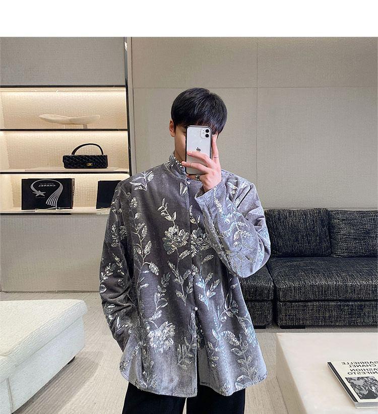 Long Sleeve Stand Collar Sequin Patterned Velvet Shirt Product Image