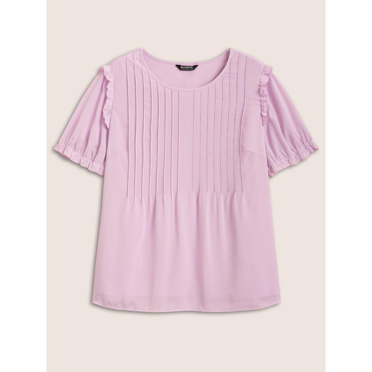 Plus Size Lavender Solid Mesh Pleated Lantern Sleeve Blouse Women Elegant Short sleeve Round Neck Everyday Blouses BloomChic 14-16/1X Product Image