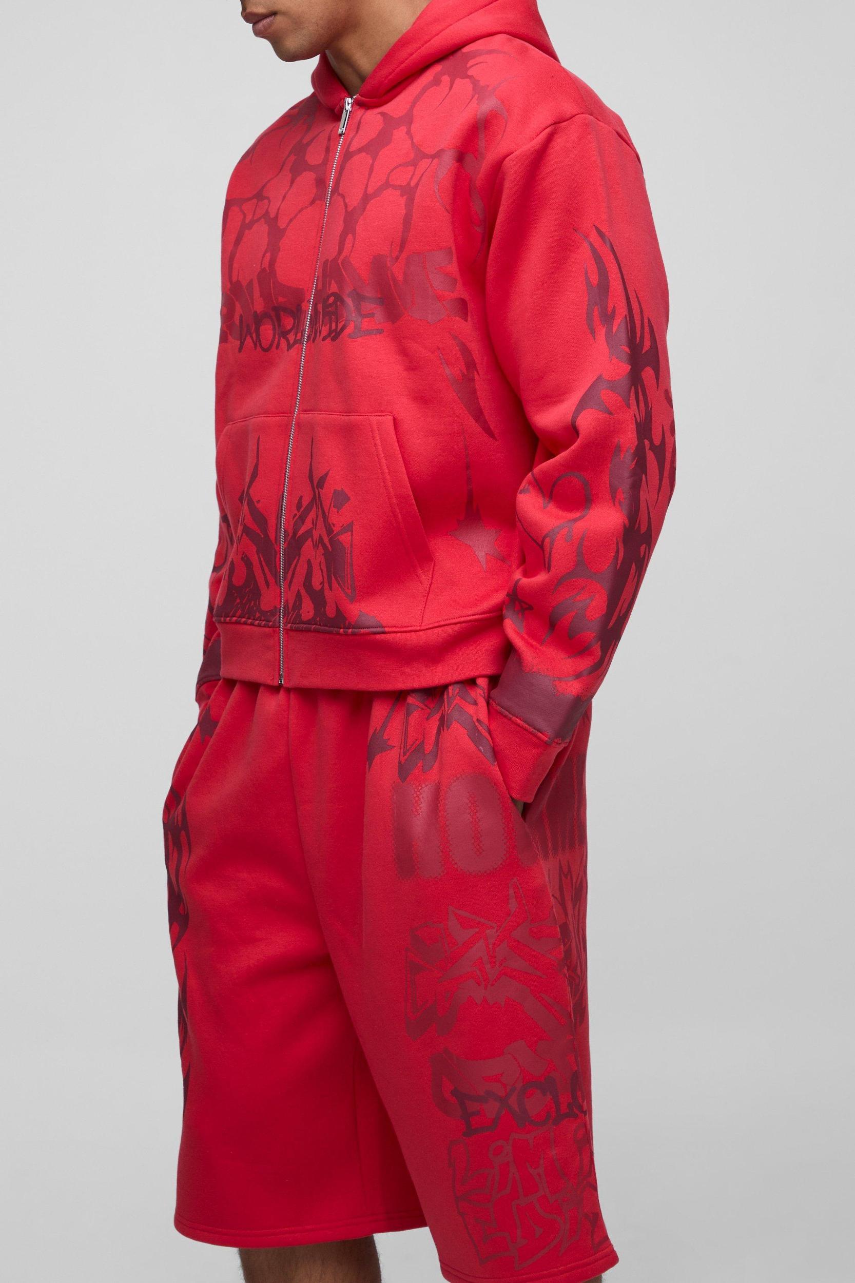 Oversized Boxy All Over Print Jort Zip Through Tracksuit | boohooMAN USA Product Image