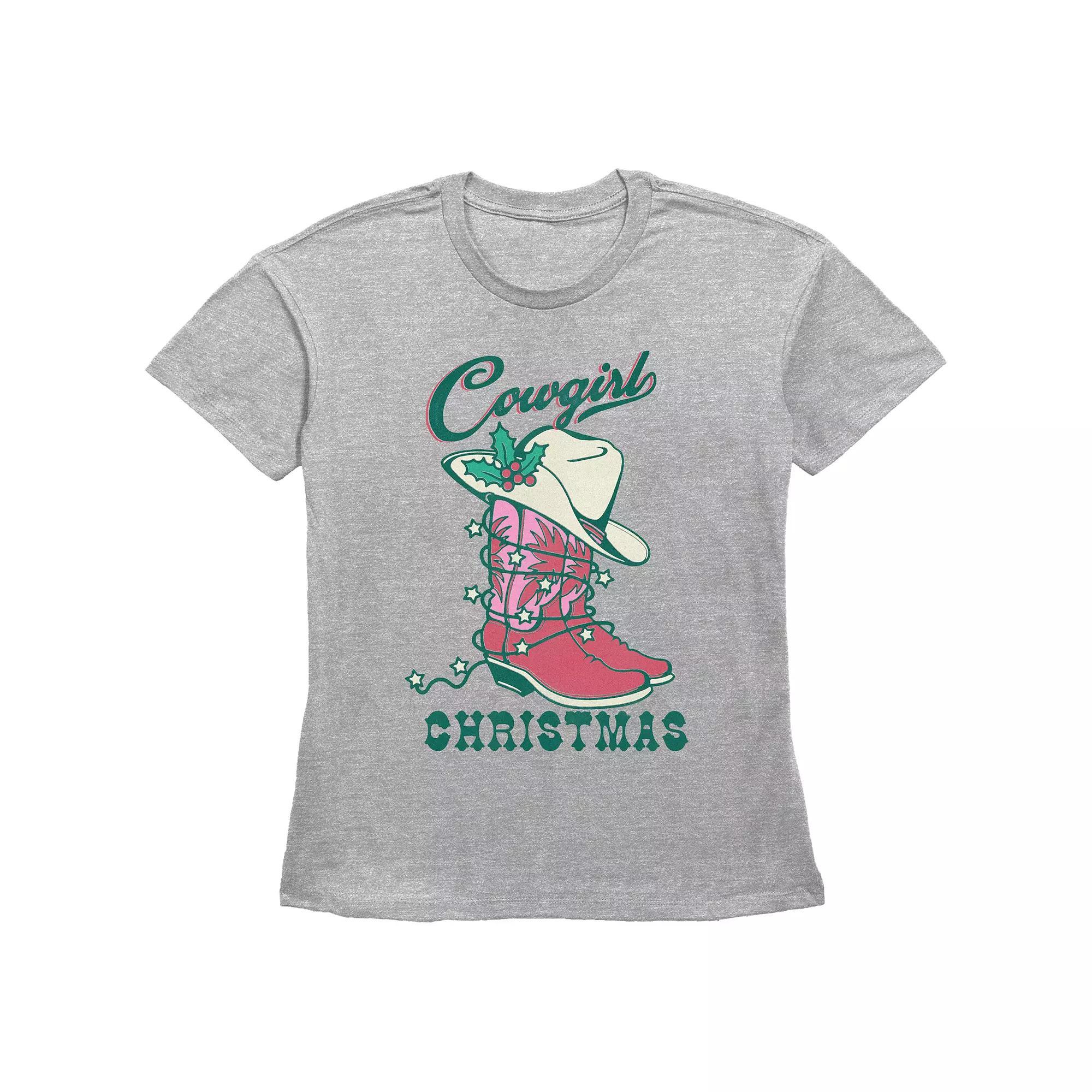 Women's Cowgirl Christmas Hat And Boots Graphic Tee, Size: Medium, Grey Gray Product Image