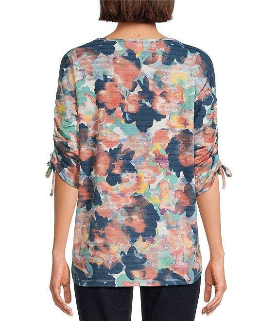 Westbound Knit Dark Denim Blur Floral 3/4 Ruched Sleeve Top Product Image