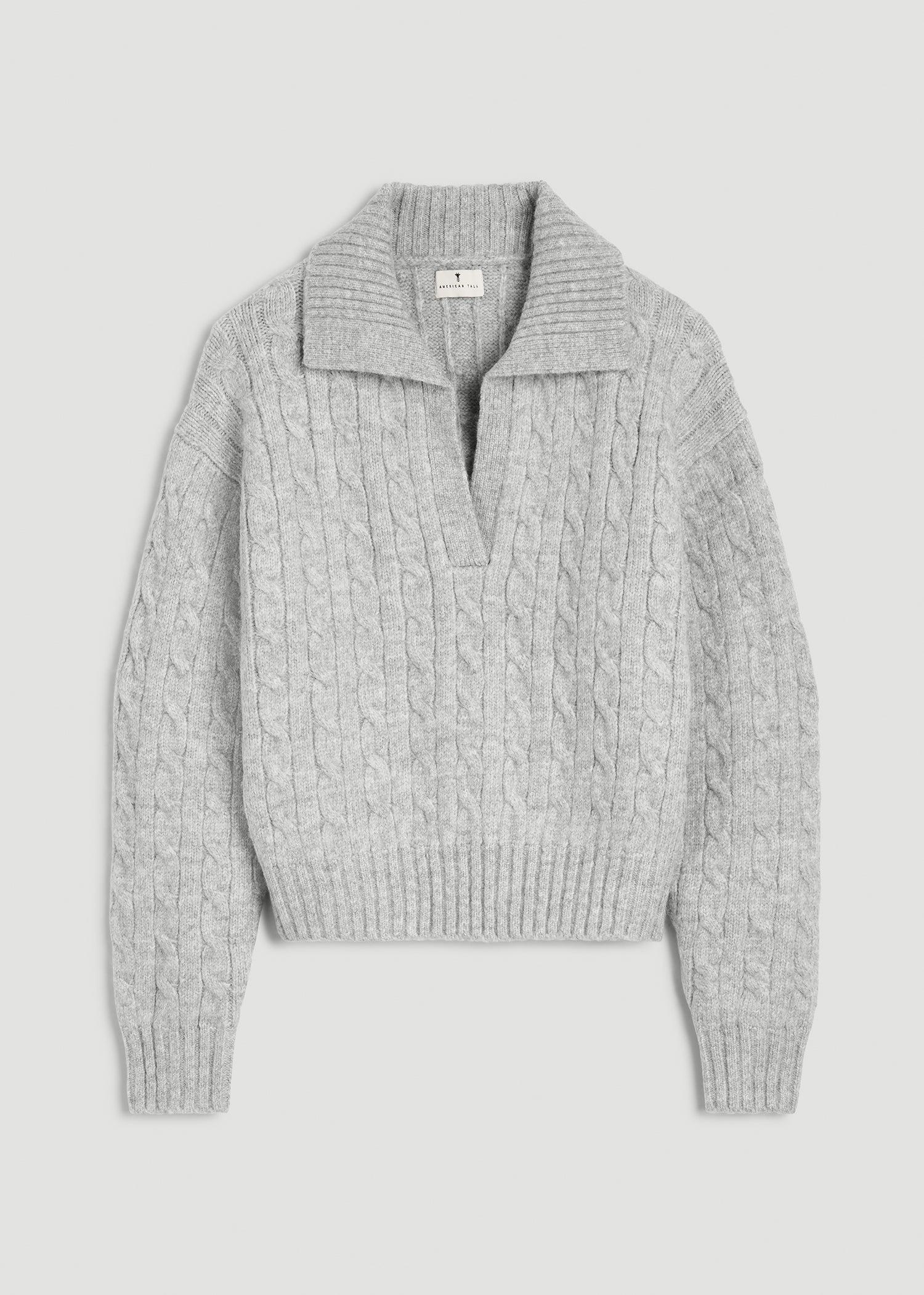 Johnny Collar Cable Knit Sweater for Tall Women in Grey Mix Product Image