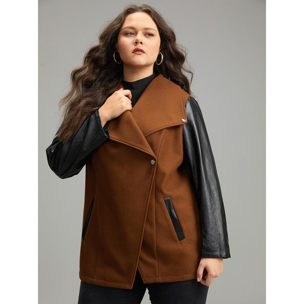 Plus Size Contrast PU Leather Lapel Collar Pocket Button Up Coat Women Tan Casual Contrast Ladies Dailywear Winter Coats BloomChic 30/6X Product Image