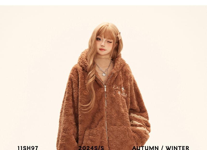 Long Sleeve Embroidered Furry Zip Up Coat With Rabbit Ears Hood Product Image