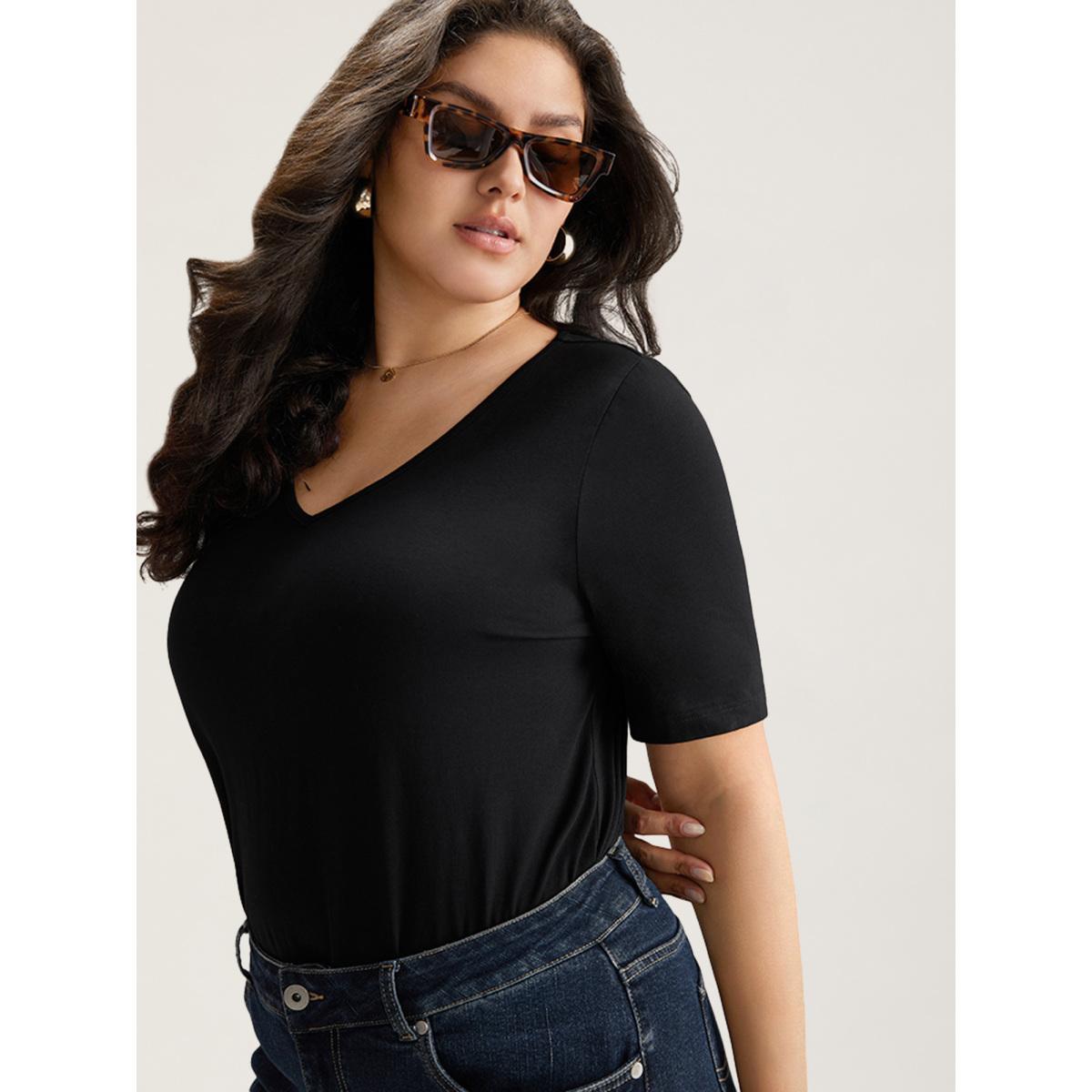 Plus Size Cotton V Neck Plain Basic T-shirt Black Women Basics Non Plain V-neck Everyday T-shirts BloomChic 12/L Product Image