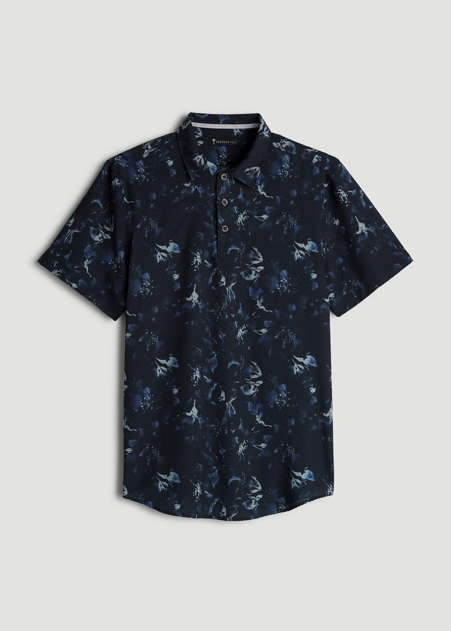 Coastal Perforated Tall Men's Polo Shirt in Black and Violet Floral Product Image