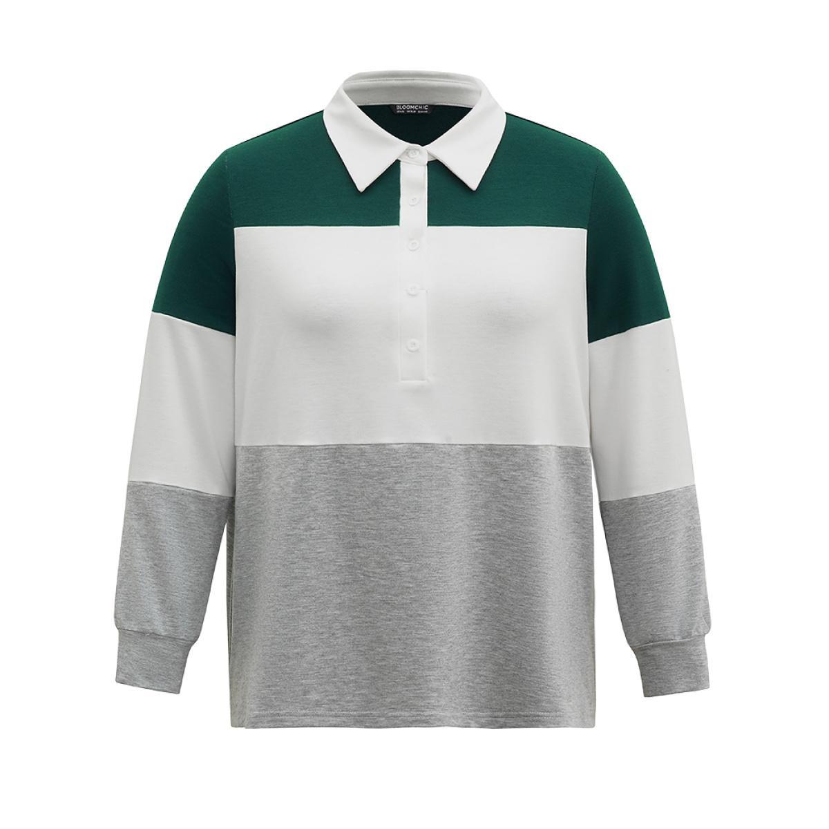 Plus Size Colorblock Contrast Button Up Polo Sweatshirt Women Multicolor Casual Contrast Polo Dailywear Sweatshirts BloomChic 28/5X Product Image