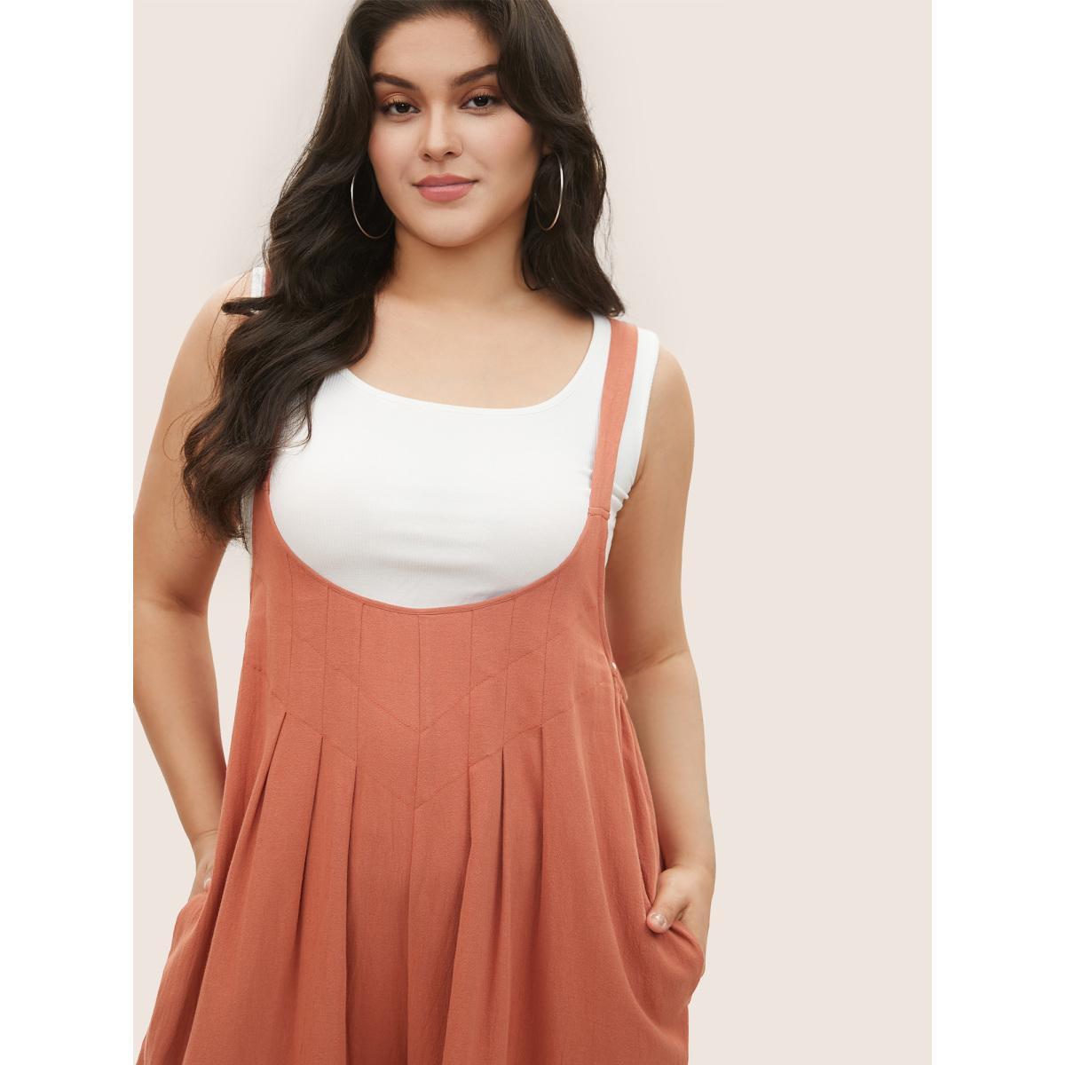 Plus Size Rust Solid Texture Pleated Adjustable Straps Jumpsuit Women Casual Sleeveless Non Everyday Loose Jumpsuits BloomChic 30/6X Product Image