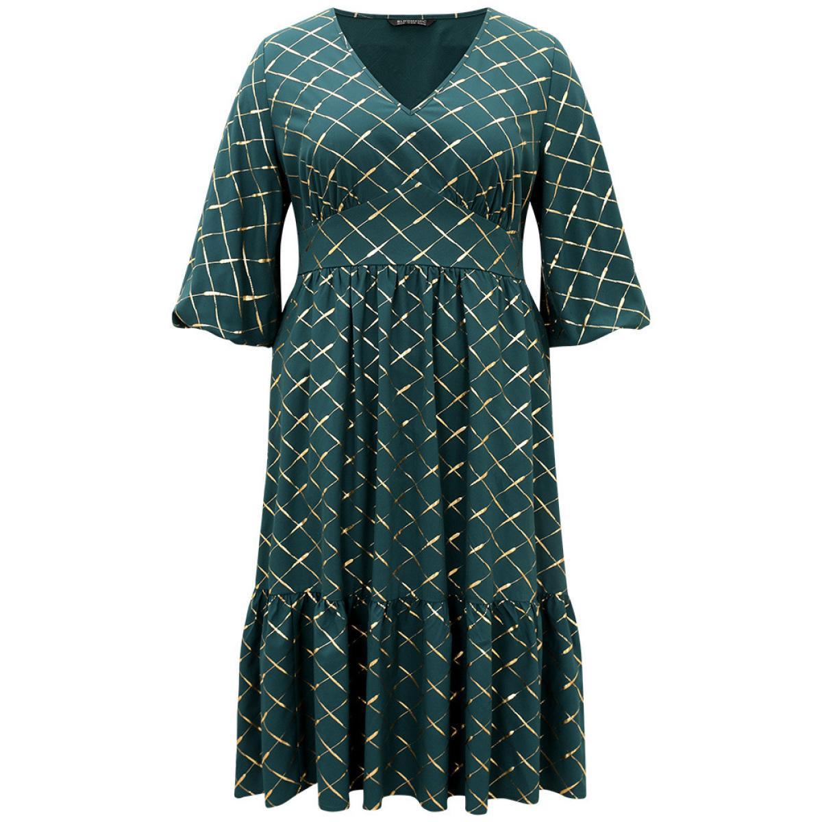 Plus Size Glitter Plaid Lantern Sleeve Ruffle Hem Dress DarkGreen Women Party Elastic cuffs V-neck Elbow-length sleeve Curvy Midi Dress BloomChic 28/5X Product Image