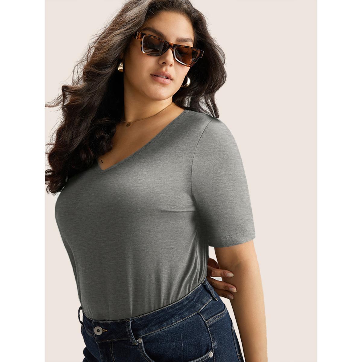 Plus Size Cotton V Neck Plain Basic T-shirt Mediumgray Women Basics Non Plain V-neck Everyday T-shirts BloomChic 22-24/3X Product Image