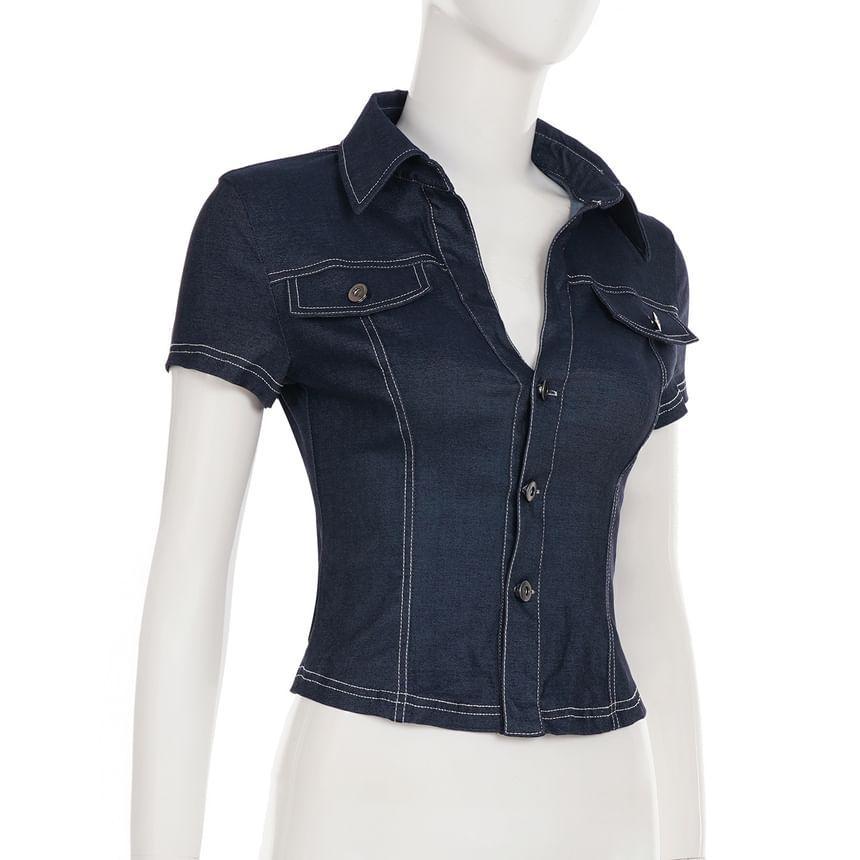 Short-Sleeve V-Neck Contrast Stitching Denim Crop Slim Fit Shirt Product Image