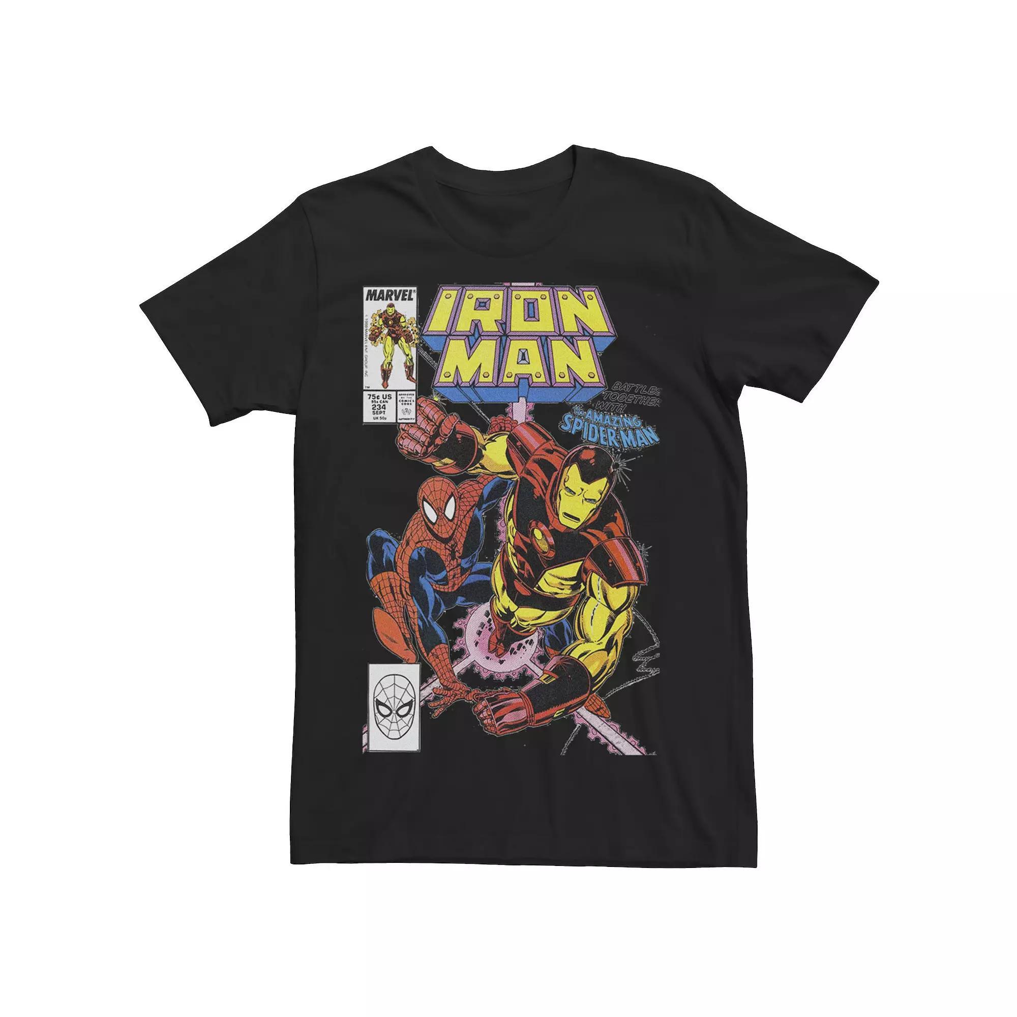 Men's Iron Man Comic Cover With Spider-Man Graphic Tee, Size: Large, Black Product Image