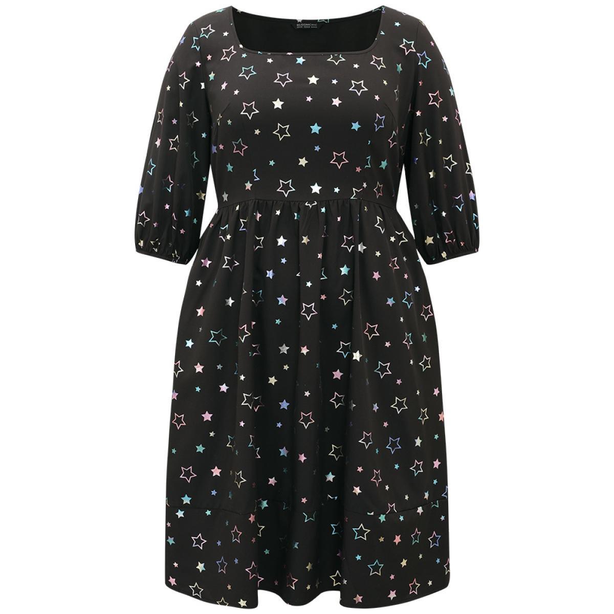 Plus Size Heart Glitter Square Neck Lantern Sleeve Dress Black Women Cocktail Elastic cuffs Square Neck Half Sleeve Curvy Midi Dress BloomChic 26/4X Product Image