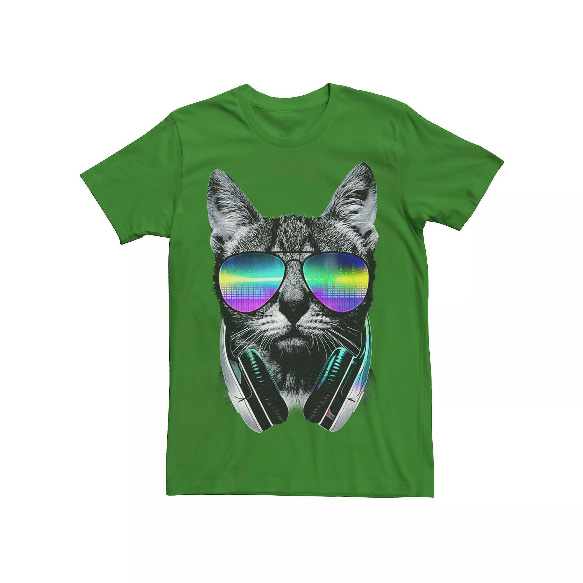 Mens Music Lover Cat Headphones Sunglasses Graphic Tee Product Image