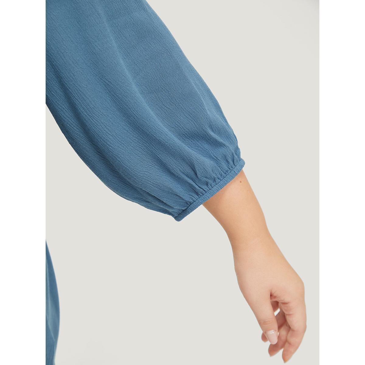 Plus Size Stone Plain Button Up Gathered Lantern Sleeve Blouse Women Elegant Elbow-length sleeve Round Neck Dailywear Blouses BloomChic 10/M Product Image