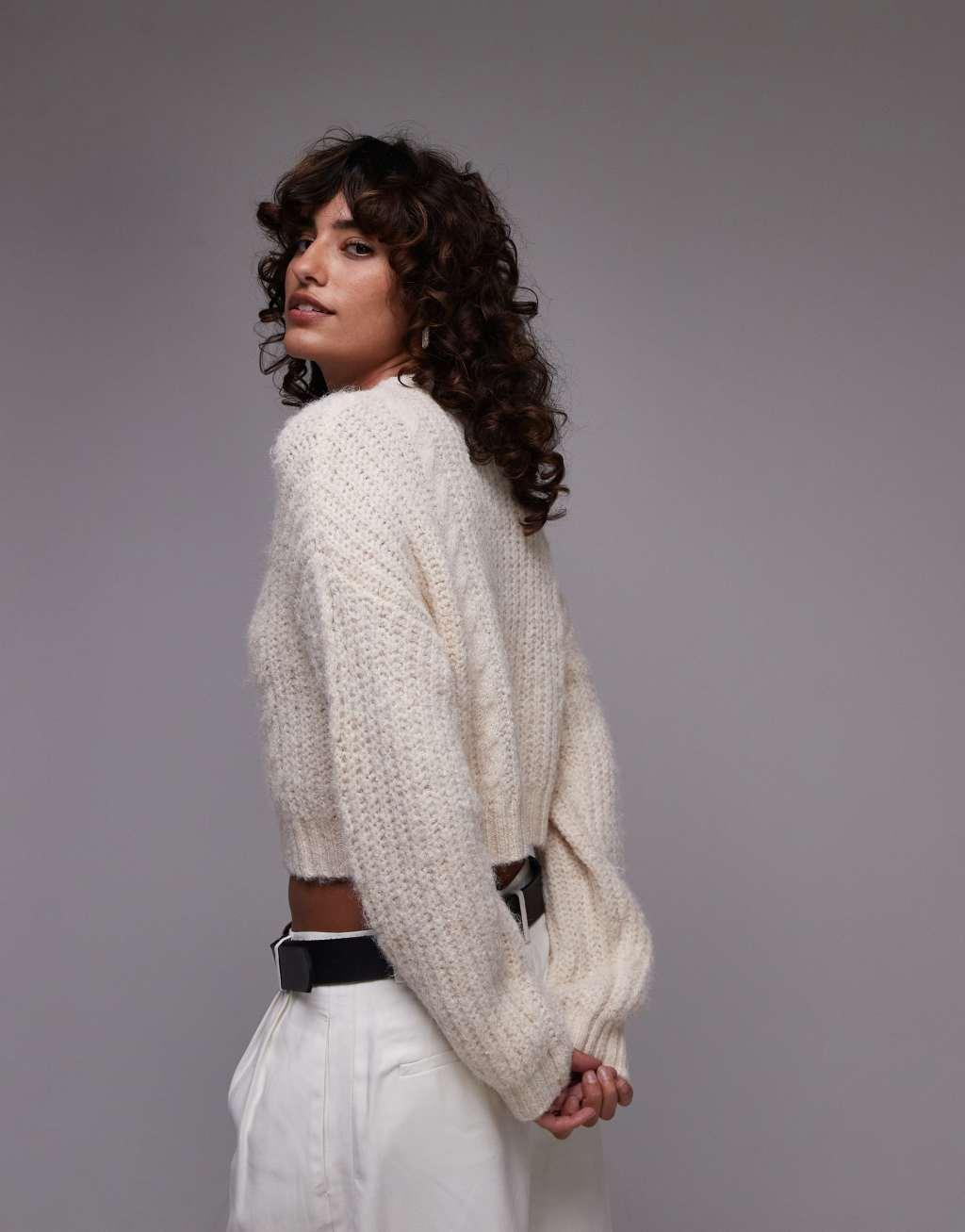 Topshop knit cropped fluffy cable cardigan in cream Product Image
