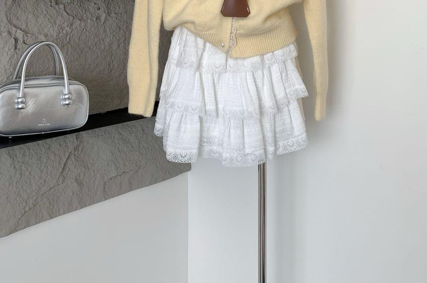 Lace Trim Hooded Plain Cardigan Product Image