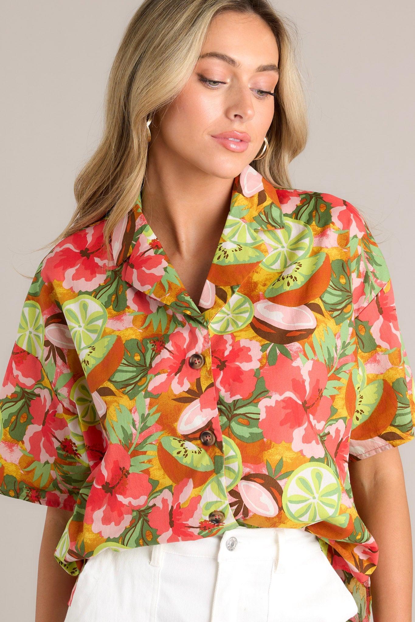Lush Lime Oasis Dark Coral Tropical Print Top Product Image