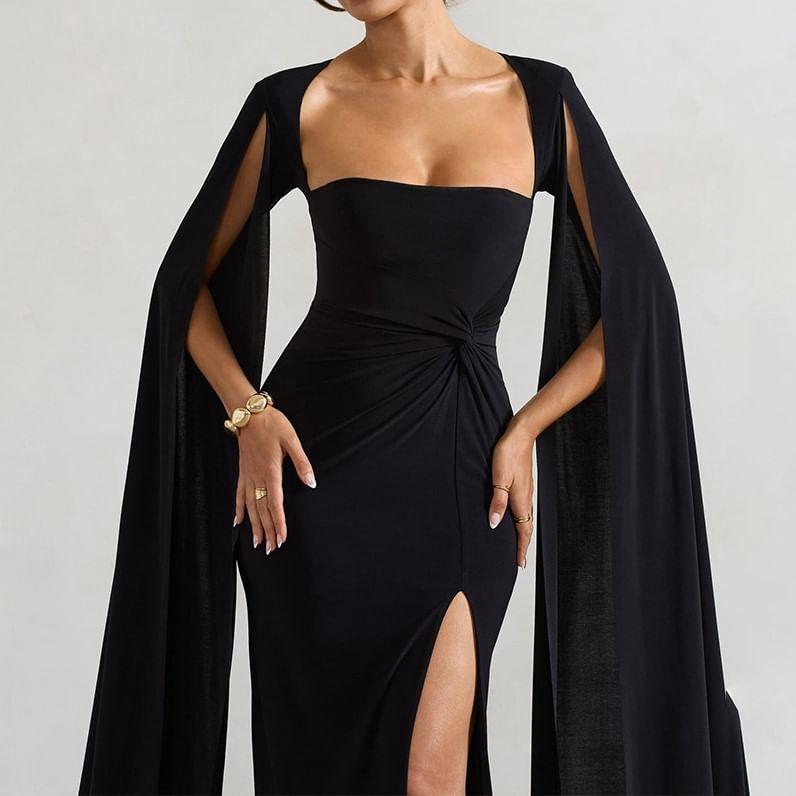 Slit-Sleeve Plain Maxi A-Line Dress Product Image