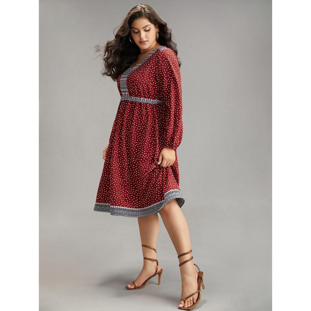 Plus Size Boho Print Lantern Sleeve Elastic Waist Dress Raspberry Women Vacation Elastic cuffs V-neck Long Sleeve Curvy Midi Dress BloomChic 28/5X Product Image