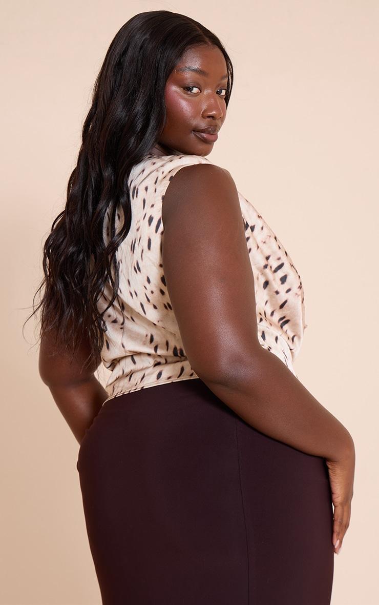 Plus Beige Printed Satin Trim Cowl Neck Top Product Image