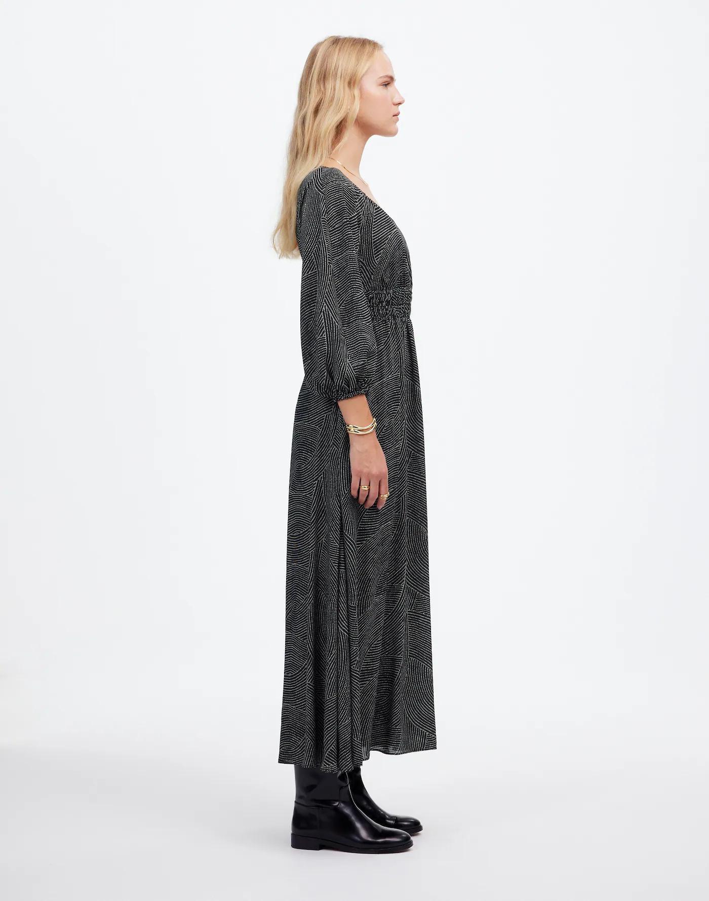 Balloon-Sleeve Ruched Midi Dress in Dot Product Image