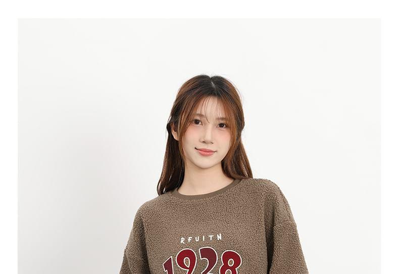 Crew Neck Numbering Drawstring Hem Fleece Pullover Product Image